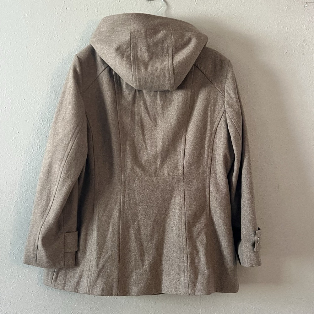 London Fog Womens XL Taupe Wool Blend Sherpa Hooded Coat Jacket Snap Zip Warm - Picture 3 of 8